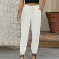thumbnail image 2 of VSSSJ Women's Cotton and Linen Pants Regular Fit Solid Color Drawstring Elastic Waist Straight Long Pants Casual Comfortable Soft Trousers White L, 2 of 9