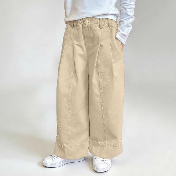 WPPGONE Little Girls Wide Leg Trousers Lightweight Cotton Loose Fit Baggy Cargo Pants with Pockets Toddler Casual School Fashion Everyday Long Pants