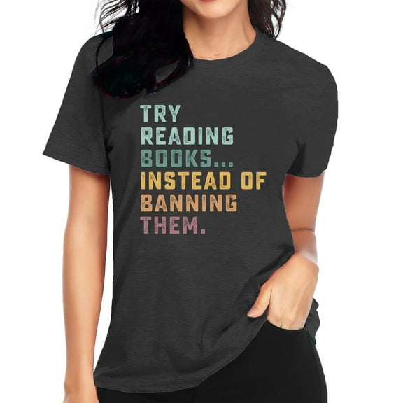 Delayuji Women's Read Print Loose Casual Long Sleeved T Shirt Gray L Polyester,Spandex Short Sleeve Shirts for Women