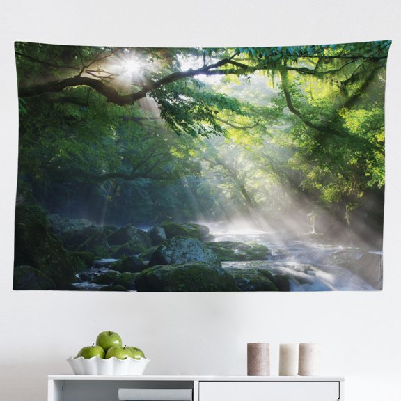 Rainforest Tapestry, Plants in Tropical Environment Exotic Jungle Atmosphere Natural Beauty Pattern, Fabric Wall Hanging Decor for Bedroom Living Room Dorm, 2 Sizes, Green, by Ambesonne