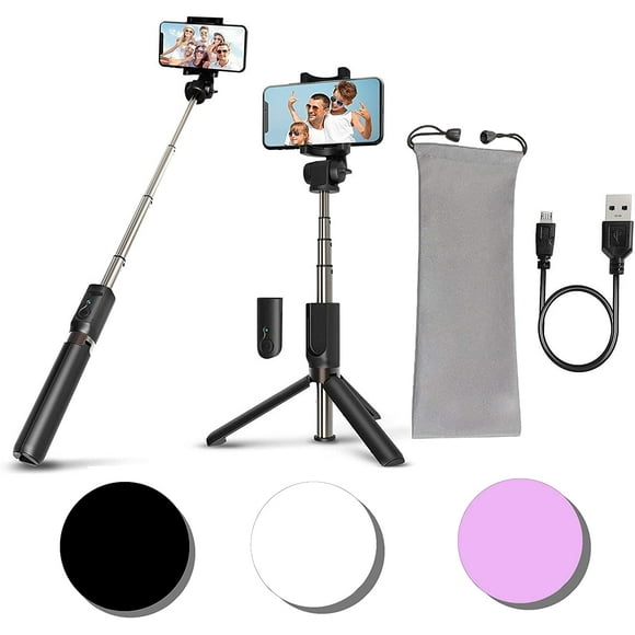 IBAOLE Selfie Stick Tripod with Bluetooth Wireless Remote Shutter Control Pouch Extendable Adjustable Stand Mount Light-Weight V-Log Compatible with All Apple iPhone, Samsung Galaxy (Pink) Black
