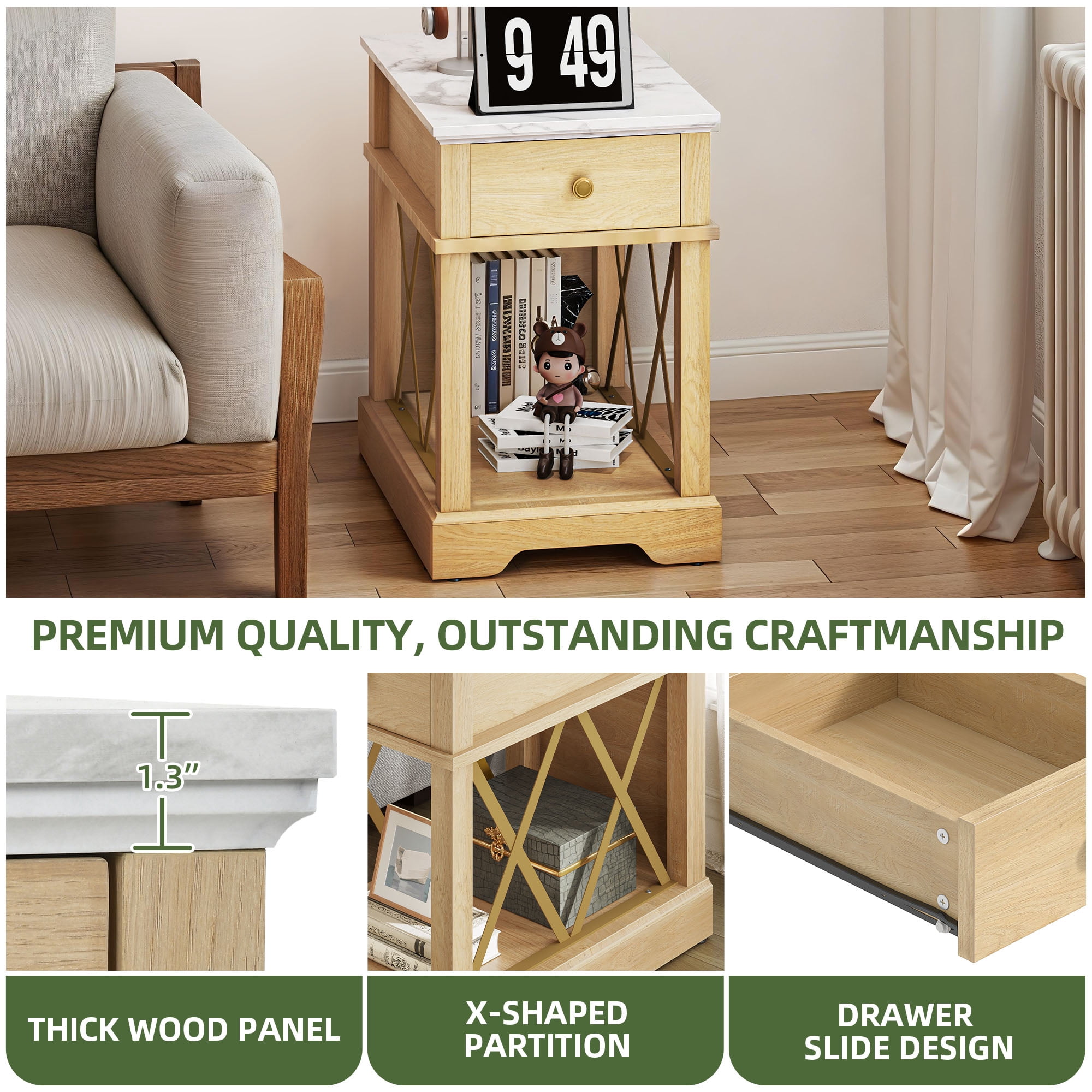 Uforic End Table with Charging Station for Living Room, Nightstand Side Table with Drawer, Natural