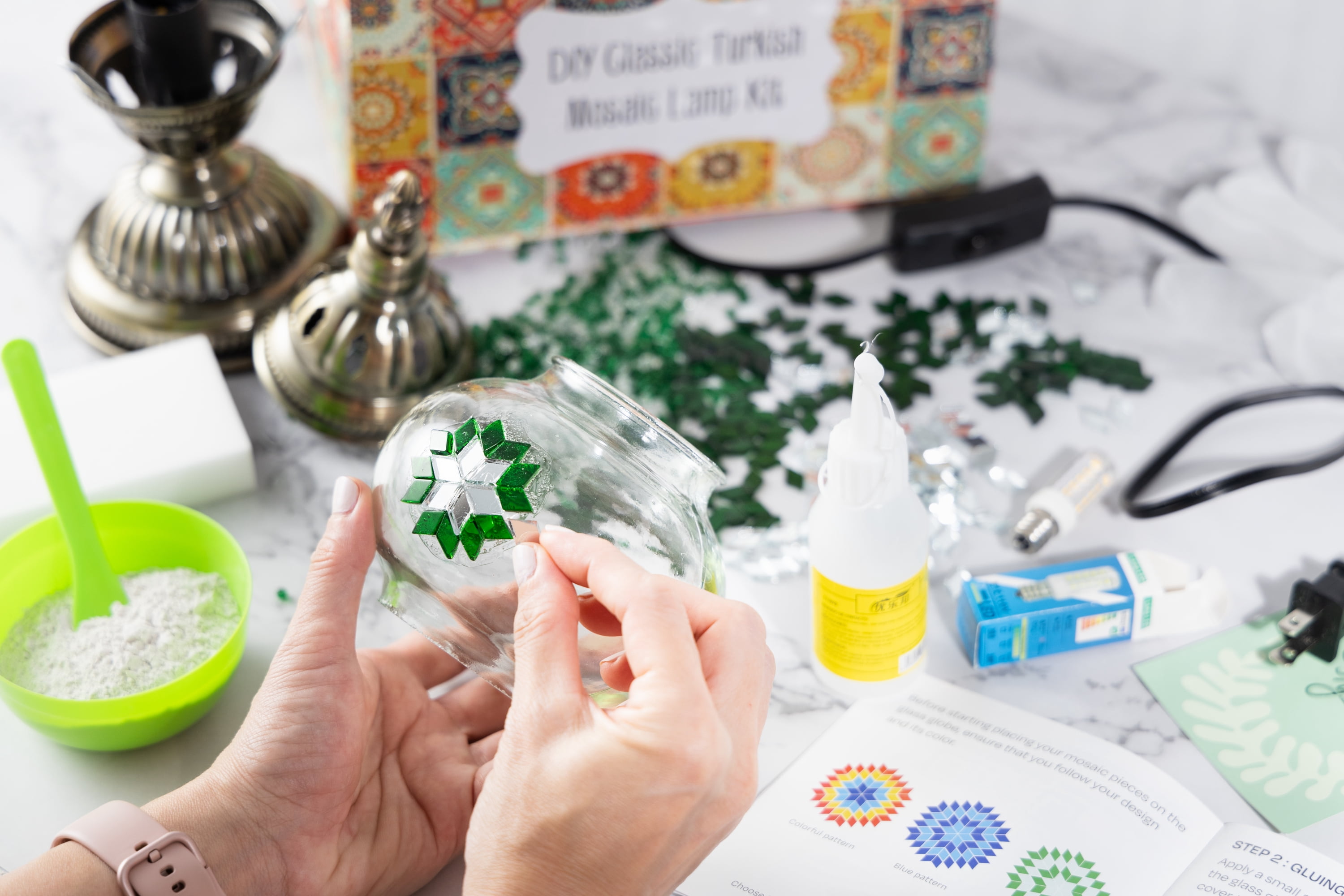KRAFTSTORIES Turkish Mosaic Swan Neck Lamp Making Kit| DIY Colorful Glass Decorative Nightstand Table Light| Craft Kit |Make Your Own Lamp | Living Room Bedroom | Antique Bronze Base (Green)