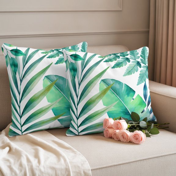 Outdoor Throw Pillow Covers,Watercolor Summer Palm Leaf Waterproof Decorative Pillowcases Cushion Cover Tropical Green Plant Monstera Pillow Cases for Patio Couch Sofa Bed,18x18in Set of 2