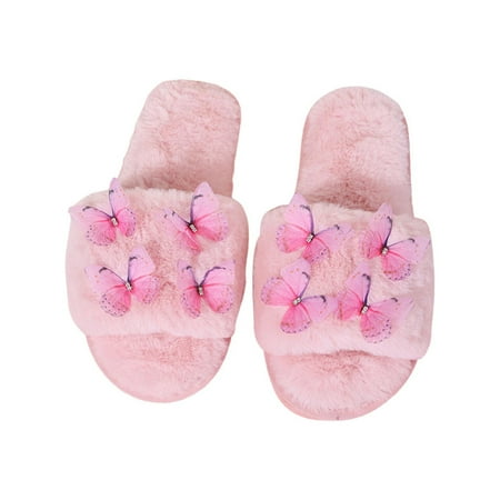 

House Shoes For Women Slippers For Women Autumn And Winter Women Flat Bottomed Shoes Sandals Casual Butterfly Woolly Slippers Outside Pink