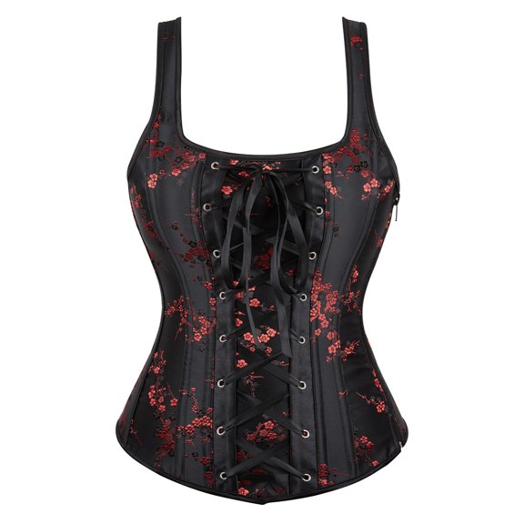 Corset Top with Straps Women Bustiers Overbust Top Zipper Floral Plus Size Black M