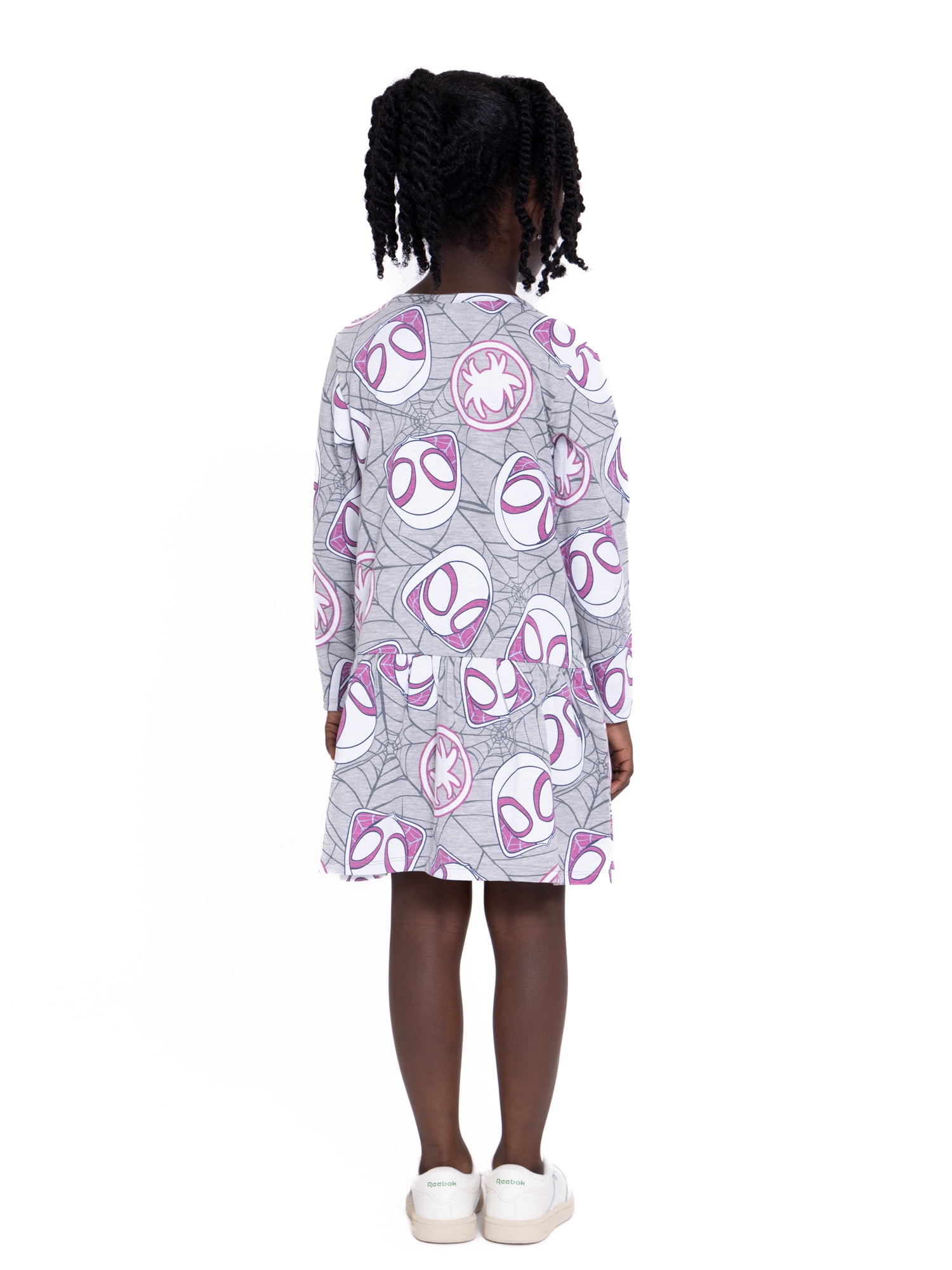 Marvel Ghost Spider Toddler Girl Long Sleeve Drop Waist All Over Print Dress, Sizes 12M-5T