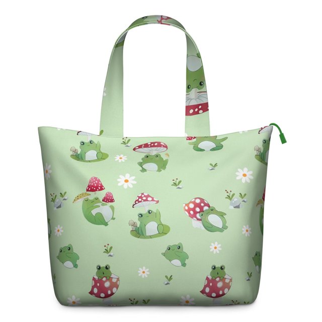 Frog Nature Travel Tote, Forest Green Frog Cartoon Print Weekender Duffel Bag, Plant and Flower Pattern Multipurpose Bag for Women