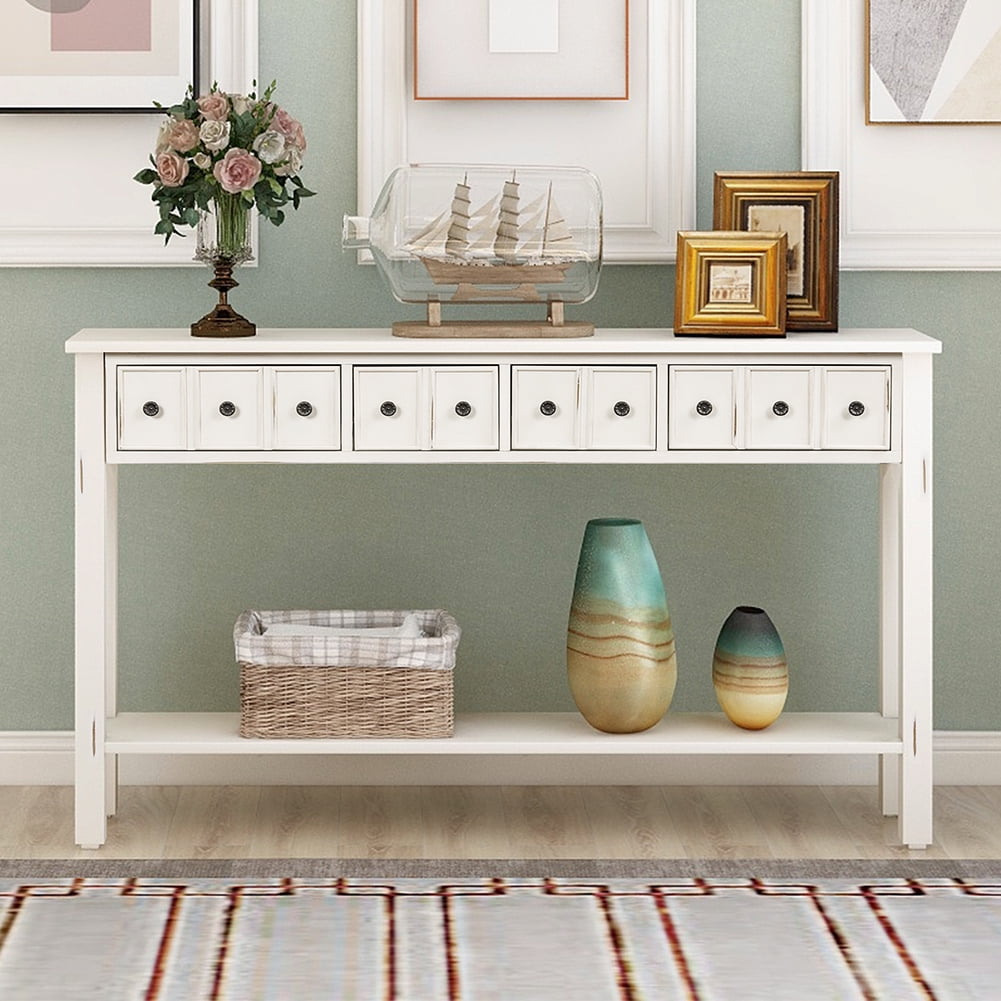 Lowestbest Entryway Console Table, 60" Long with 4 Drawers and Bottom Shelf for Storage (Antique White) Lowestbest Entryway Console Table, 60" Long with 4 Drawers and Bottom Shelf for Storage (Antique White)