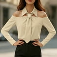 thumbnail image 4 of Lenpel Women's off the Shoulder Tops Long Sleeve Collared Tie Knot Dressy Casual Work Shirts Trendy Office Blouses(Khaki,X-Large), 4 of 7