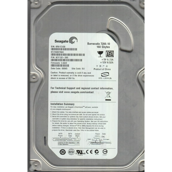 ST3160815AS, 6RA, SU, PN 9CY132-305, FW 3.AAD, Seagate 160GB SATA 3.5 Hard Drive