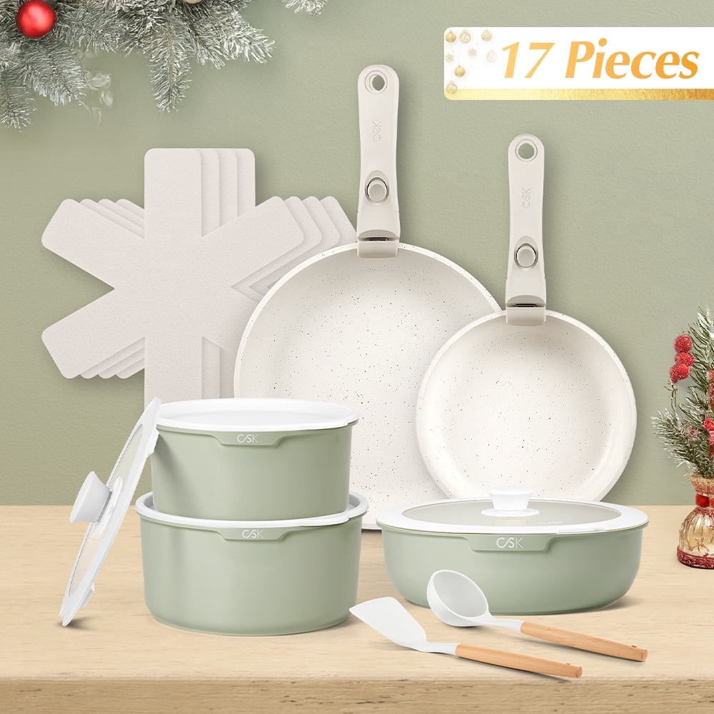 Koch Systeme CS Nonstick 17-Piece Pots and Pans Set, Nonstick Cookware Set Detachable Handle, Induction Kitchen Cookware Sets Non Stick with Removable Handle, Green