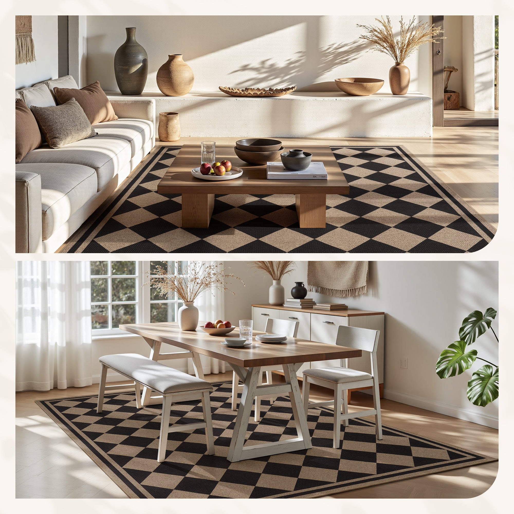 VUNATE Outdoor Rugs Carpet 4'x6' Jute Rug Boho Checkered Washable Patio Rug Distressed Modern Braided Area Rugs Black Indoor Outdoor Rugs for Living Room Entryway Laundry Balcony