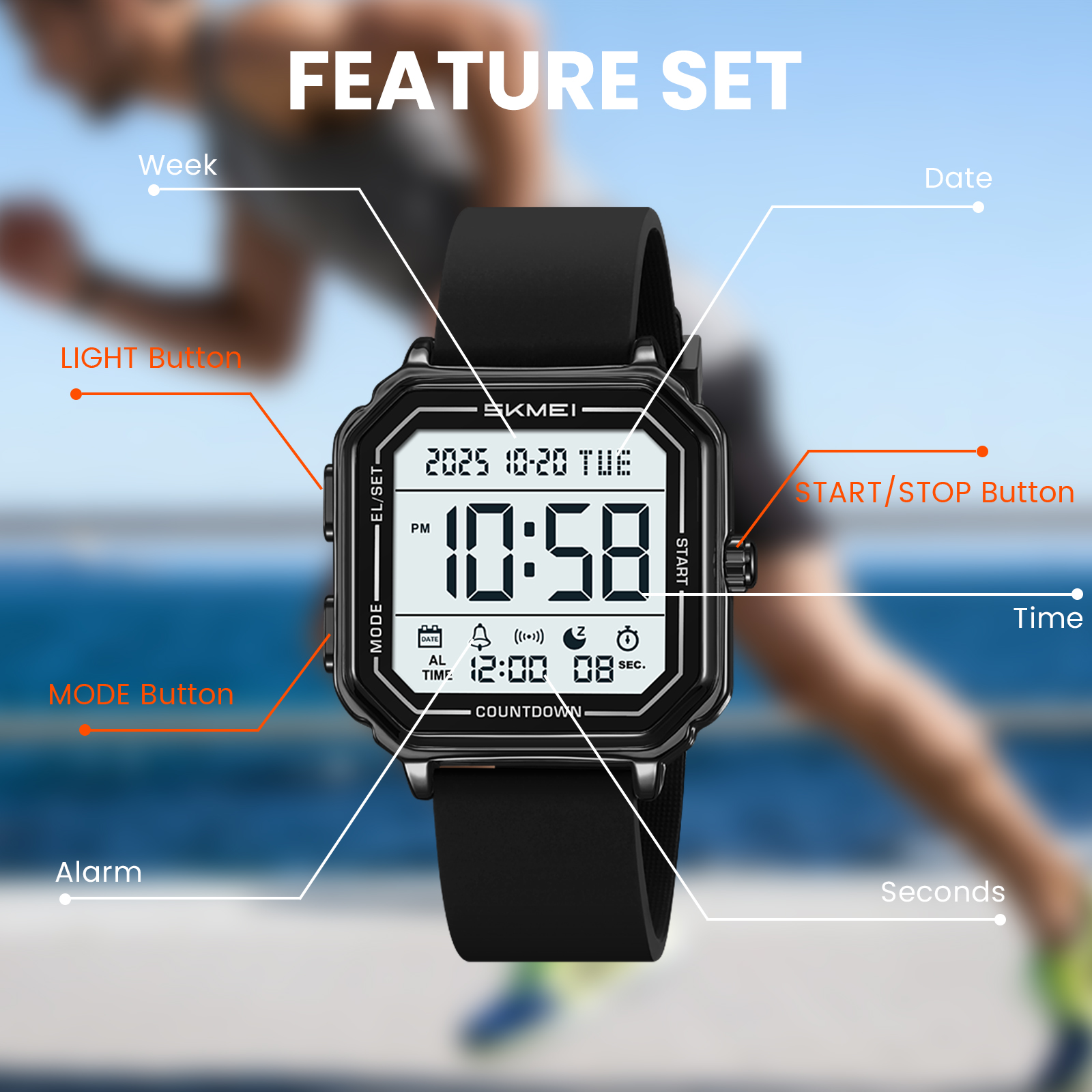 SKMEI Mens Digital Watch Sports Waterproof Outdoor Large Face Military Watches for Men with Stopwatch LED Back Ligh Alarm