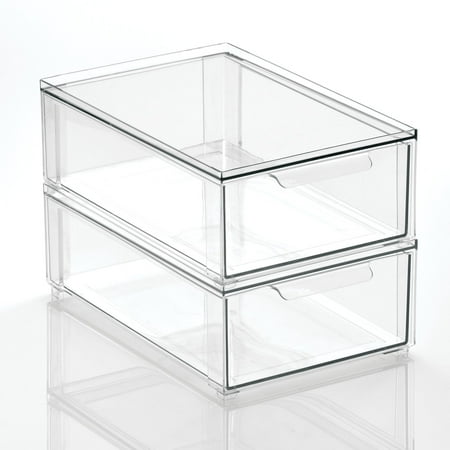 mDesign Plastic Stackable Kitchen Storage Organizer Bin with Pull Out Drawer for Cabinet, Pantry, Fridge, Shelf, Refrigerator Organization - Lumiere Collection - 2 Pack - Clear