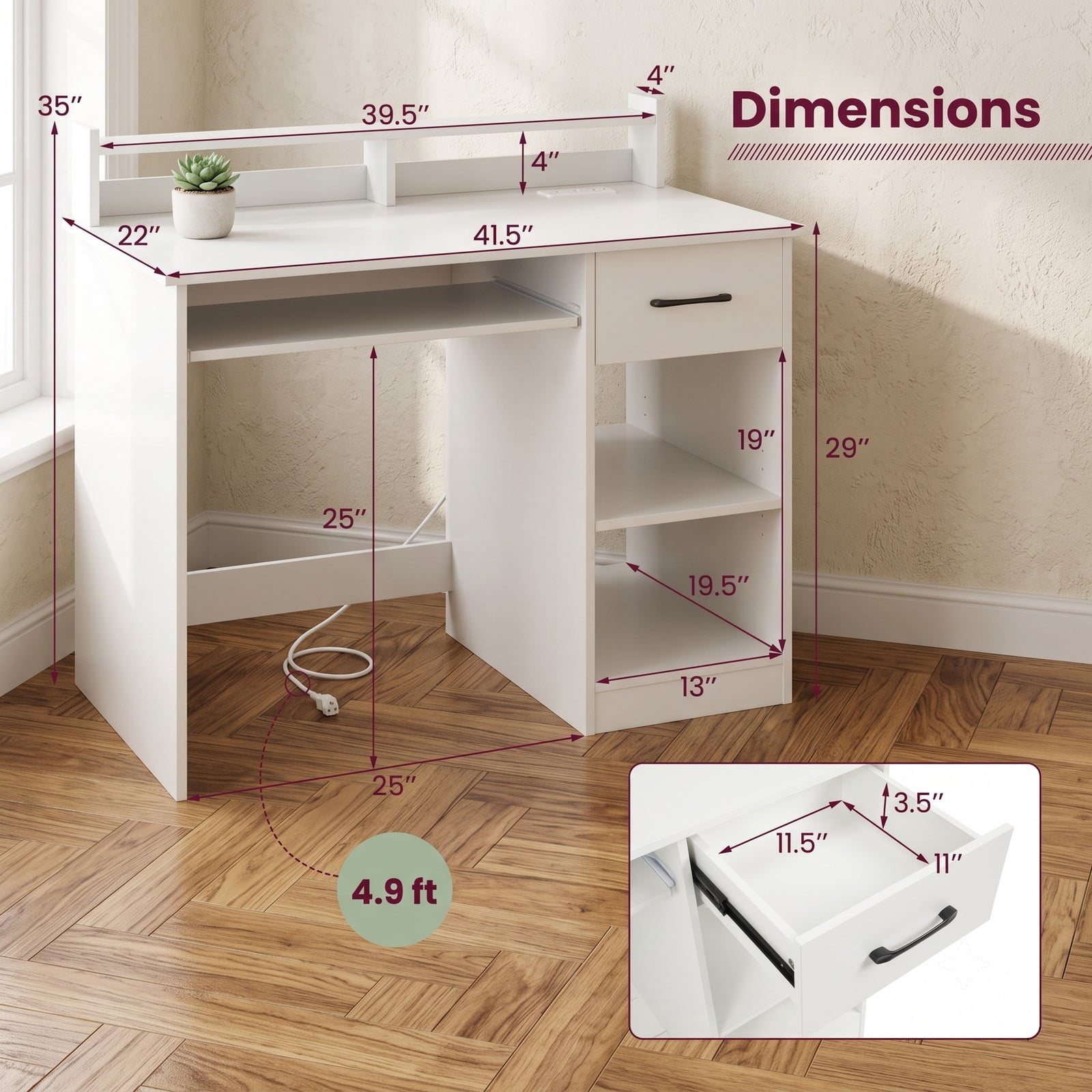 Furnibear White Desk Computer Desk Home Office Desk with Charging Station Adjustable Shelf Keyboard Tray Drawer and Reinforced Frame, White