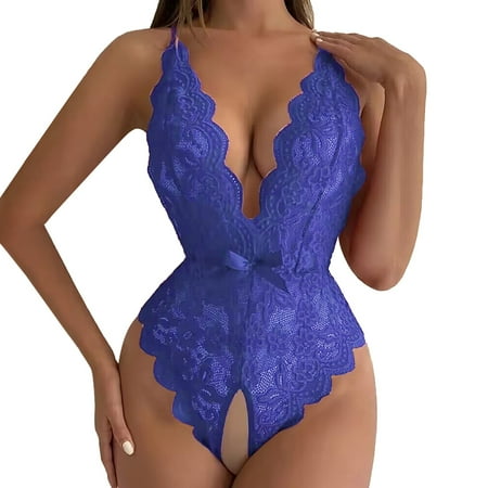 hoadeuw Crotchless Bodysuits for Women V Neck Spring Summer Lace Solid Color Bow Underneath Opening Sexy Slimming Lingerie Teddies Leotard