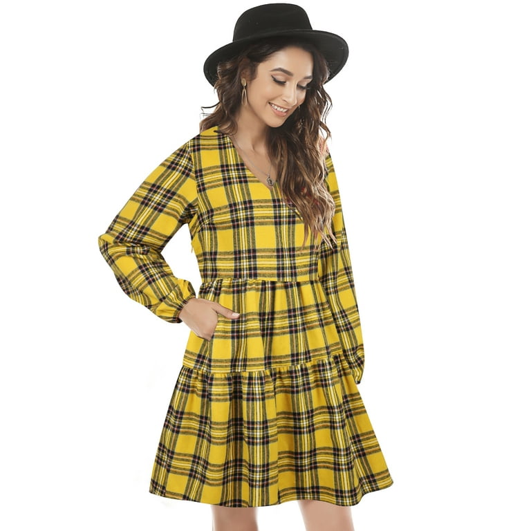 FANCYINN Womens Long Sleeve Buffalo Plaid Shift Tunic Dress Ruffle Hem Vneck Casual Swing Babydoll Mini Dress with Pockets Halloween Yellow XS Walmart