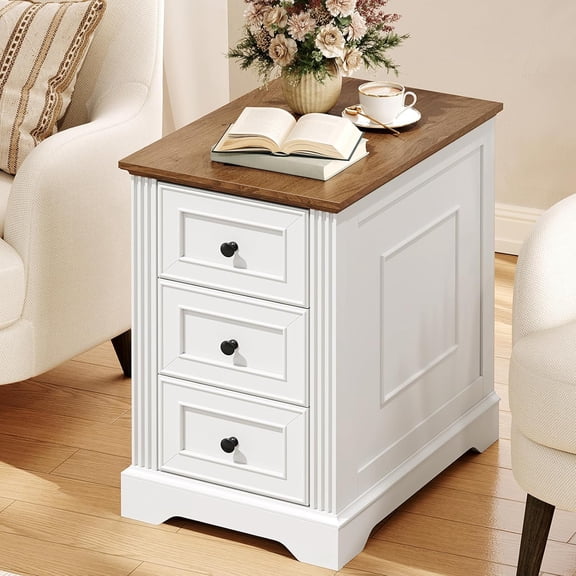 Farmhouse End Table with 3 Drawers, Wooden Slim Nightstand, Narrow Sofa Side Table with Storage for Living Room, Bedroom, Study, White and Walnut