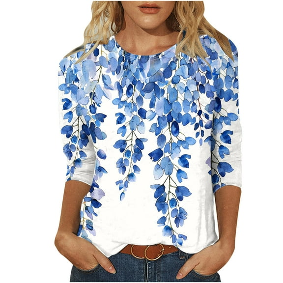 Htigea Trendy Printed Tshirts for Women Crewneck 3/4 Sleeve Tops Basic Pullover Tee Cozy Daily Vacation T Shirts Blue,3XL