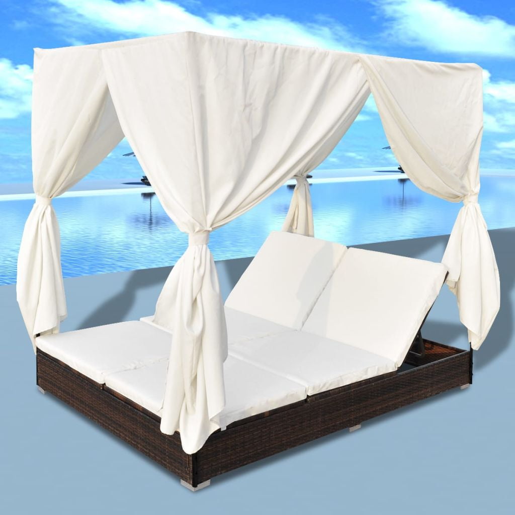 Kepooman Lounge Bed with Curtains and Washable Cushions for Garden Patio, Brown Kepooman Lounge Bed with Curtains and Washable Cushions for Garden Patio, Brown
