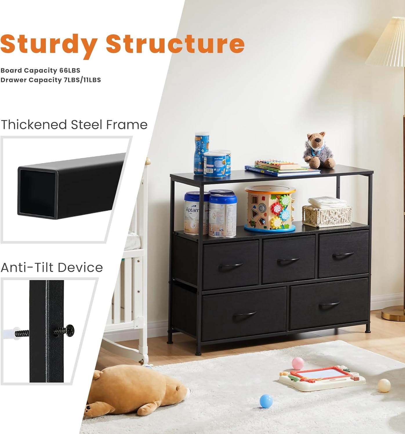 Bigleap TV Stand for Bedroom, TV Dresser for 45 inches, Media Console Table, Entertainment Center with 5 Fabric Drawers Cabinet and Open Storage Shelf Furniture Cabinet for Living Room, Black