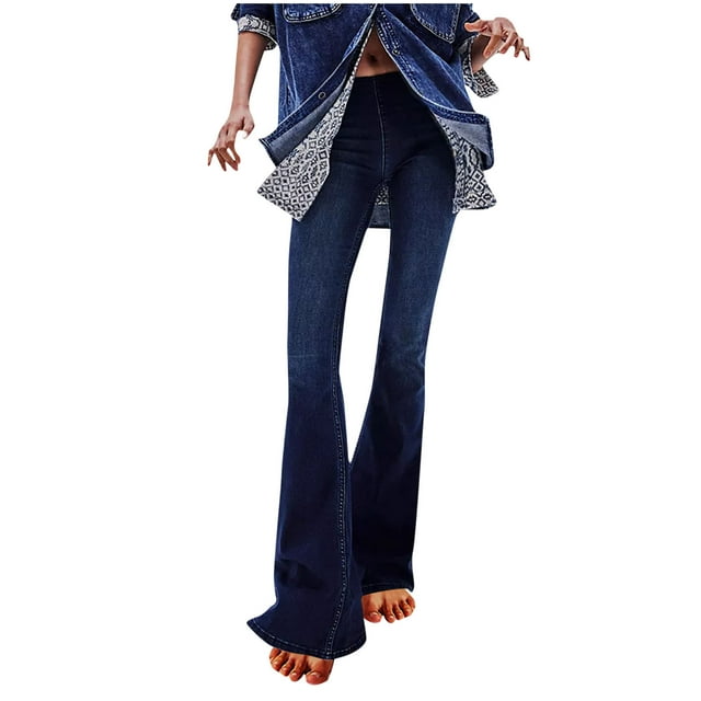 LOVZFMLL Women's Jeans, Denim Button Zipper Solid High Waist Pocket Wide Leg Flare Trousers Dark Blue, XL