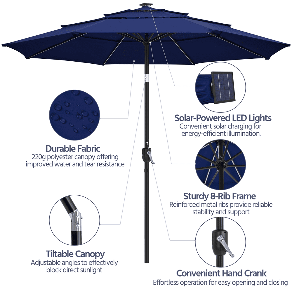Renwick 10 Ft Outdoor Patio Parasol with Color-Changing LED Strip, Navy Blue