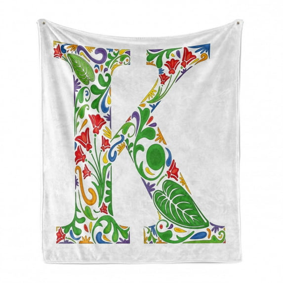 Letter K Soft Flannel Fleece Blanket, Vivid Color Scheme Natural Inspirations Flowers Leaves Stalks Uppercase K Alphabet, Cozy Plush for Indoor and Outdoor Use, 50" x 70", Multicolor, by Ambesonne