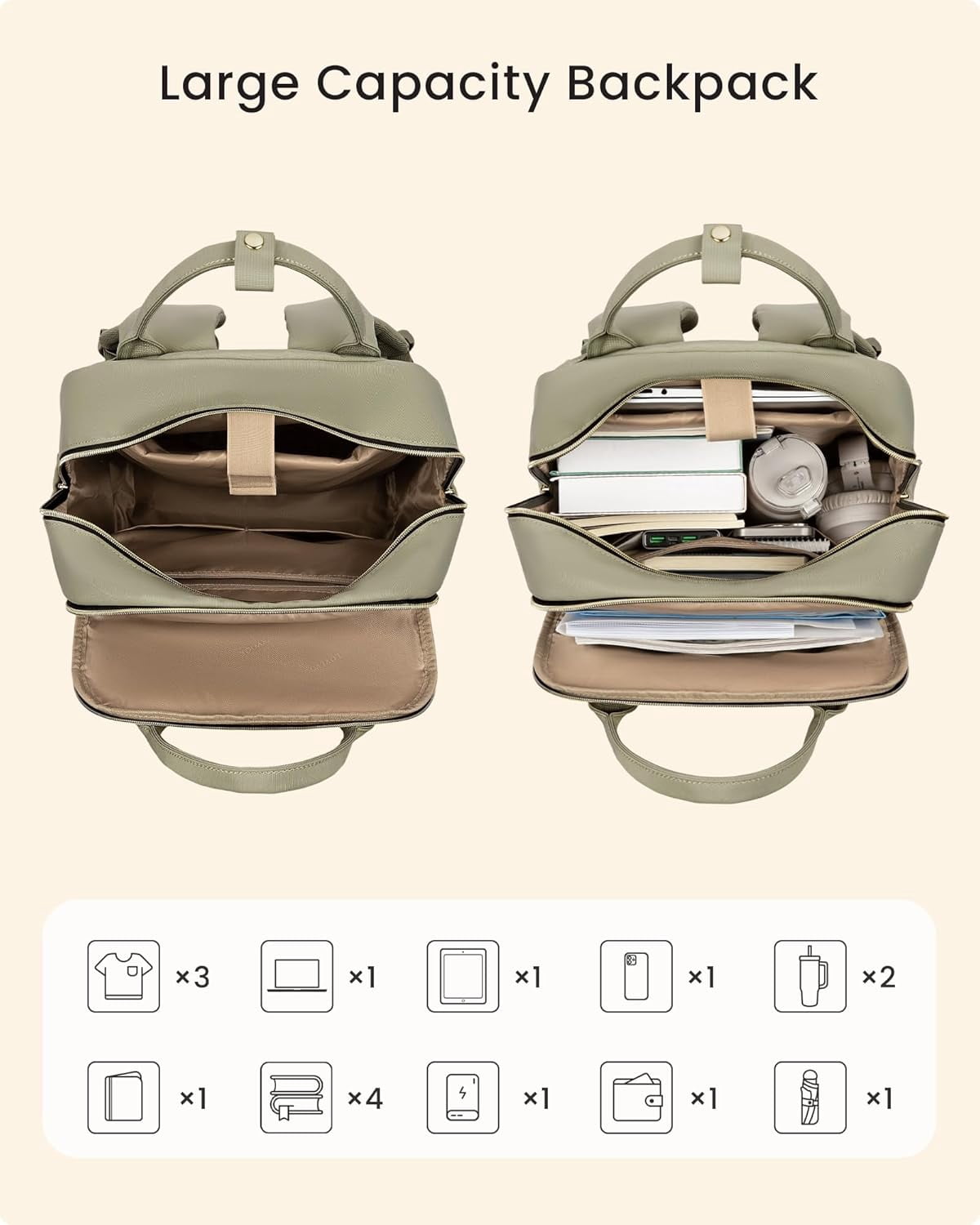 LOVEVOOK Laptop Backpack for Women with Giant Tumbler Holder Pocket, 15.6 inch Travel Work Backpack Purse for Teacher Nurse, Waterproof College Book Bag Cute Casual Daypack, Beige-Black-Brown