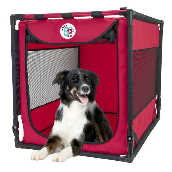 SP Large Folding Dog Kennel, Large, Red, Polyester, Plastic