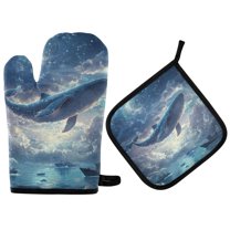 Yayeee Oven Mitts and Pot Holder Set of 4 Heat Resistant Kitchen Gloves Baking Hot Pad, Night Floating Whale