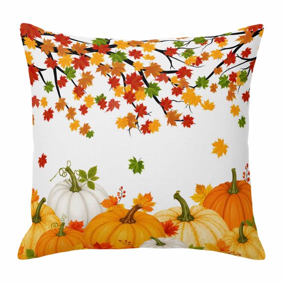 Throw Pillow Covers, Fall Pumpkins 24x24 Pillow Covers for Couch/Sofa/Bed, Thanksgiving Red Orange Maple Leaves Branch Decorative Square Linen Cushion Pillowcase for Home Decor