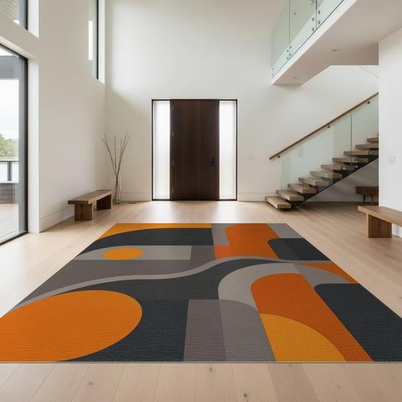 Design&I 8'x10' Washable Area Rug Extra Large Skid-Resistant Low Profile Orange Gray Geometric Design Elegant Abstract Shapes with Curved and for Living Room, Family