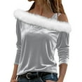 thumbnail image 2 of Christmas Velvet Tops Womens Cold Shoulder Party Festive New Year Outfits White Furry Trim Long Sleeve Blouses (XL, Gray), 2 of 7