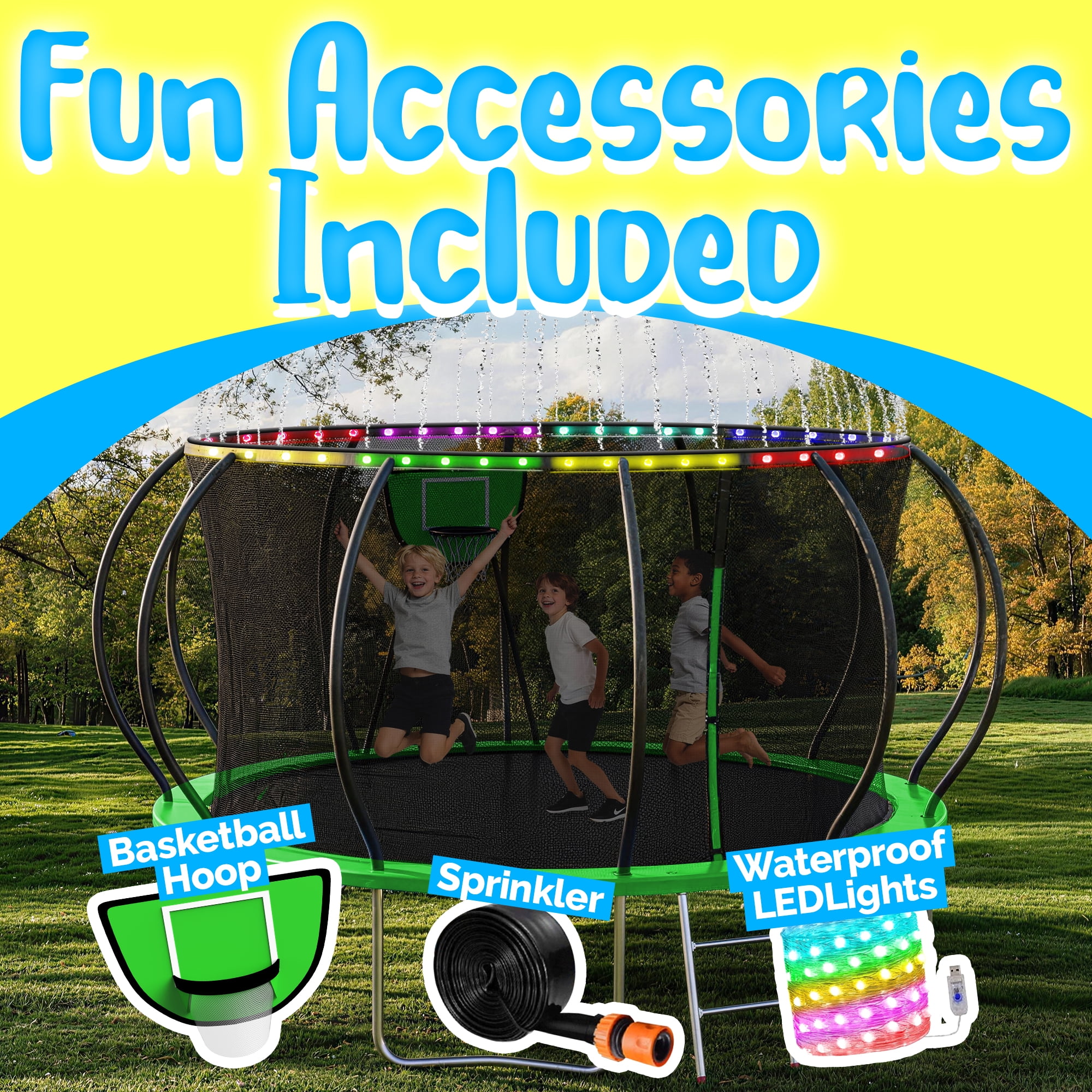 YORIN Trampolines Outdoor with Sprinkler and Lights, 1200LBS 12FT Trampoline for Kids and Adults, Backyard Heavy Duty Trampoline with Enclosure Net, Basketball Hoop, Ladder, Birthday Gift