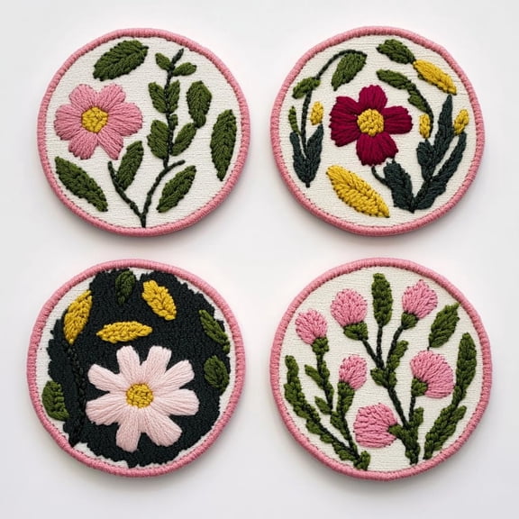 4 Set DIY Punch Needle Coaster Kits Wild Flowers Easy for Beginners with Adhesive Felt Hoop Punch Needle Embroidery Starter Set with Pattern for Drink Cups Mat Home Decor-8