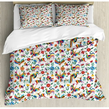 Mexican Queen Size Duvet Cover Set, Traditional Latin American Art Design with Natural Inspirations Flowers and Birds, Decorative 3 Piece Bedding Set with 2 Pillow Shams, Multicolor, by Ambesonne