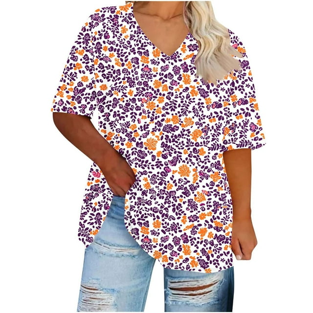 Hauts d'Été Grande Taille pour Femmes Rondes Manches Courtes T-Shirt Décontracté Mignon Ample Tendance pour Sortir T-Shirts Violets, TG