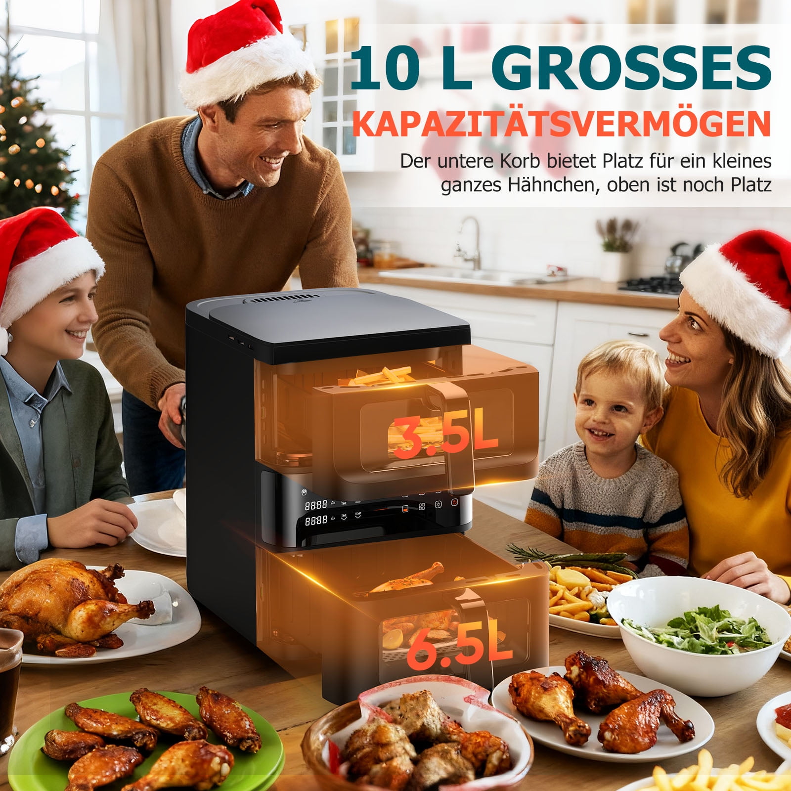 11QT Dual Basket Air Fryer, 10-in-1 Air Fryer Oven with 3D Hot Air Circulation, LED Touchscreen, Nonstick Dishwasher-Safe Baskets, Visible Window, Stainless Steel, Black
