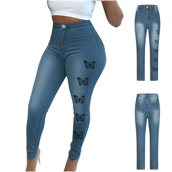 qolati Women's Skinny Jeans Y2k Butterfly Print High Waisted Pencil Pants Casual Loose Fit Denim Leggings