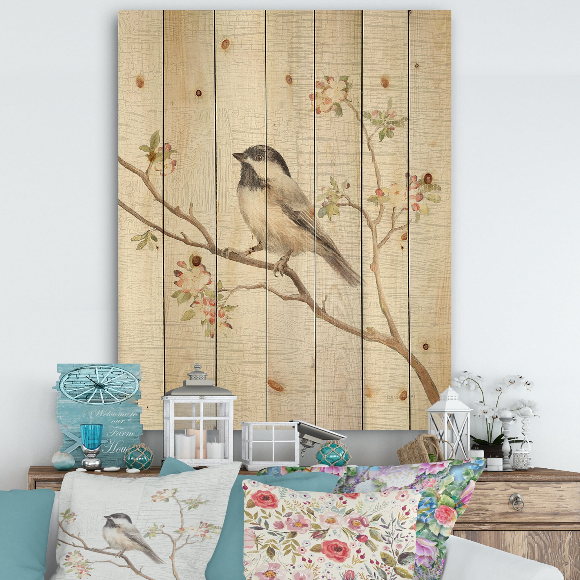 Designart 'Birds on Blossom I' Farmhouse Print on Natural Pine Wood