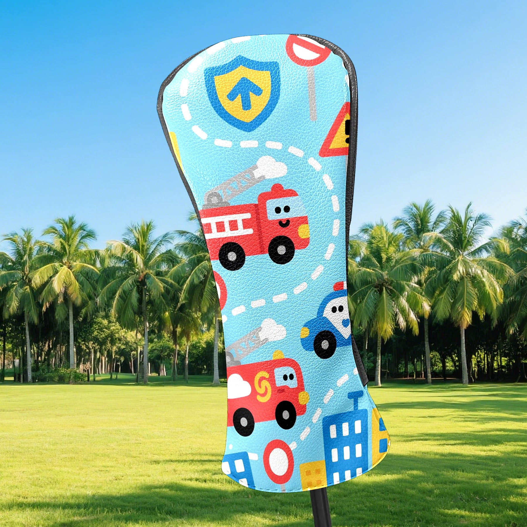 Golf Club Covers, Firefighter Police Car Blue Premium PU Leather Driver Hybrid Putter Head Covers with Velvet Lining, Waterproof Golf Gifts for Men Women
