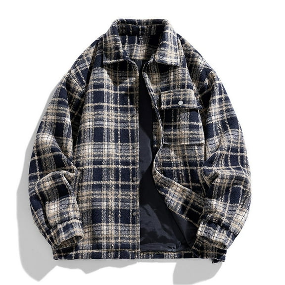 ZRGHAOYLQ Plaid Wool Jacket Mens Big And Tall Plaid Shirts Flannel Shacket Jacket Long Sleeve Button Down Coat with Pocket Lapel Collar Oversized Coat Outwear