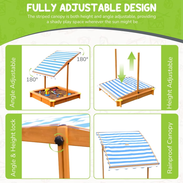 Turtleplay Covered Outside Wooden Sandbox with Adjustable Canopy