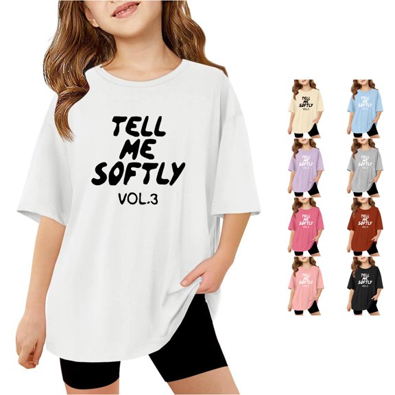 YMNXA Girl Kids Blouses Cute Letter Print Short Sleeve Crew Neck Flowy Breathable Smooth Loose Fit For Summer Daily Wear Casual Tops,White,9-10 Years