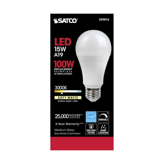 Satco S29816 A19 LED Light Bulbs 15W 120V 3000K 1600L Dimmable (6 Pack)