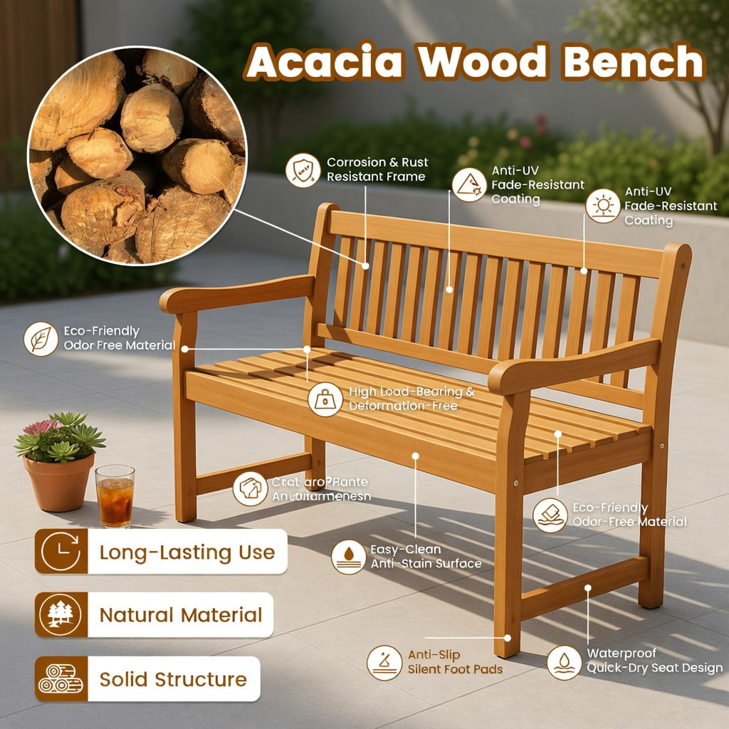 Hommoo Acacia Wood Outdoor Loveseat for 2, Sturdy Patio Bench with Backrest & Armrests, Easy Assembly, Natural