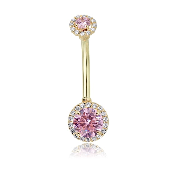 AVORA 10K Yellow Gold Pink Simulated Diamond CZ Halo Belly Button Ring Body Jewelry (14 Gauge)