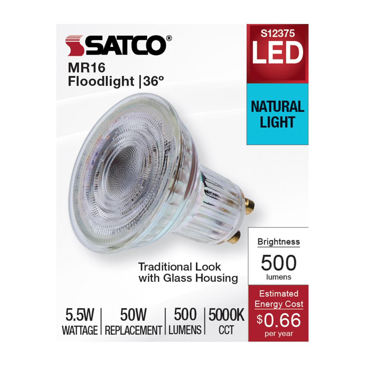 Satco S12375 MR16 LED Flood Light Bulbs 120V 5.5W 5000K GU10 Base Dimmable (12 Pack)